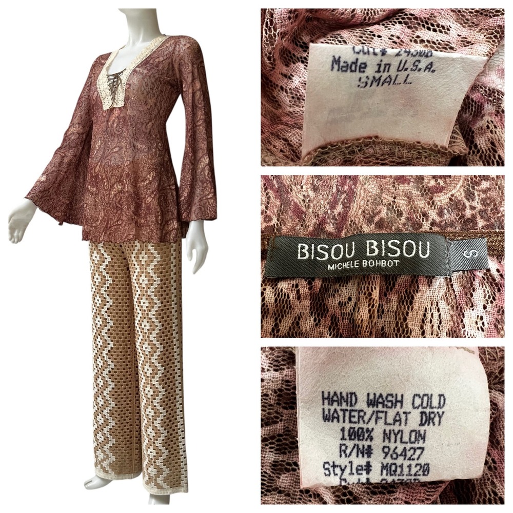 Vtg 90s Bisou Bisou Paisley Lace‎ Bell Sleeve Top Boho S Whitchy Whimsygoth USA - Picture 7 of 17